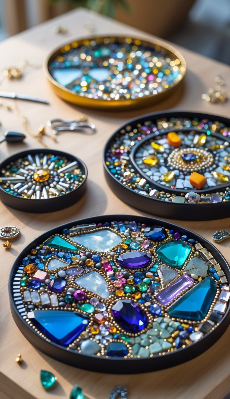 Several mosaic trays decorated with broken jewelry pieces arranged on a wooden table with crafting tools nearby.